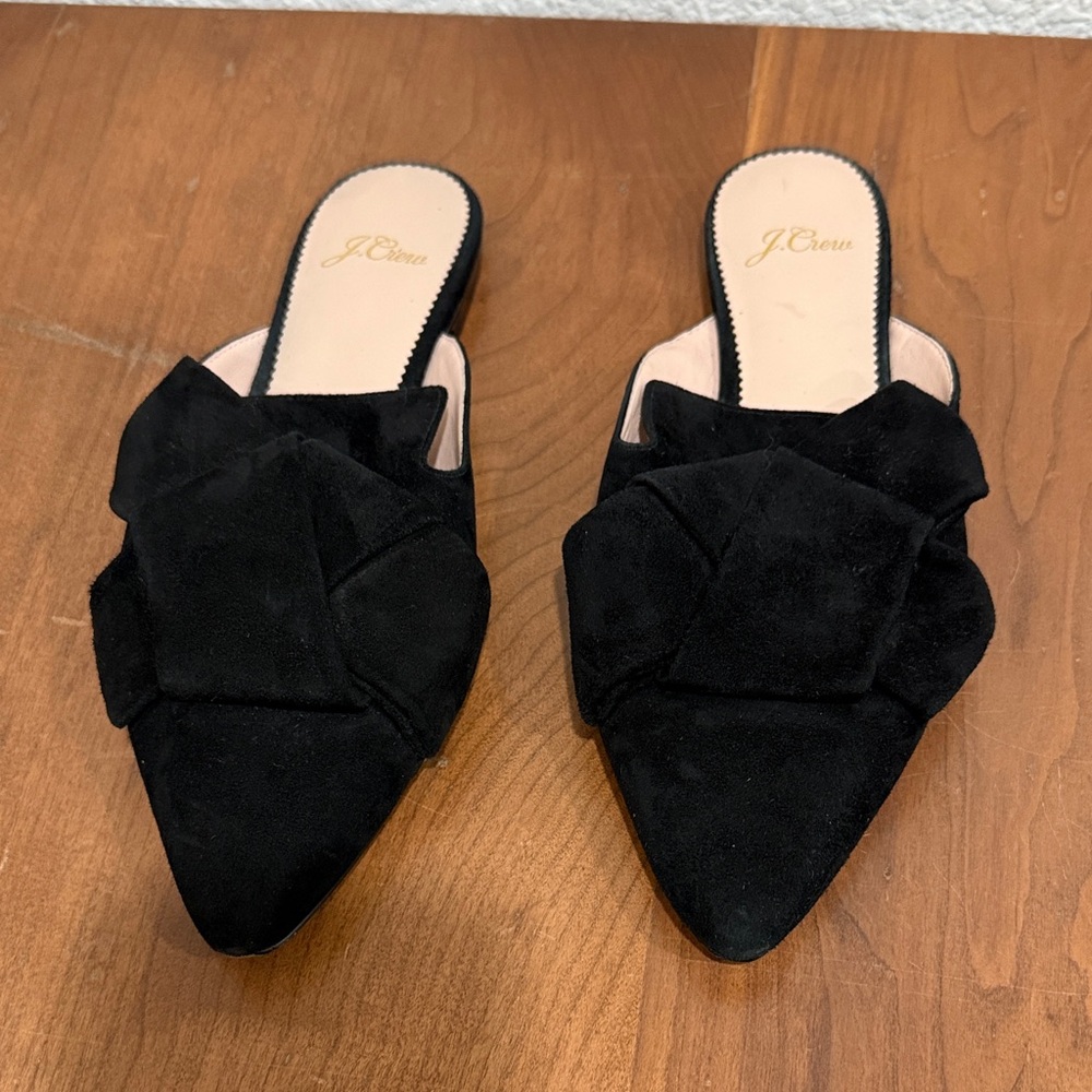 J. Crew Marina Suede Black Pointed Toe Bow Mules Casual Slip-On Flats Sz 6 1/2